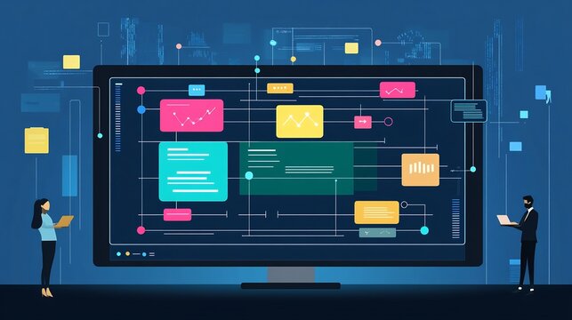 2d animated scene of team building project timeline drag and drop features in digital workspace