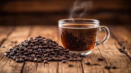 Aromatic Coffee Beans and a Steaming Cup of Coffee on Rustic Wooden Table