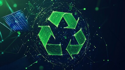 Obraz premium Futuristic Digital Green Recycle Logo on Dark Background Innovation