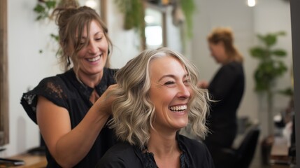 A blonde woman is getting her hair cut by professional stylist hairdresser , smiling and laughing in the beauty salon. 