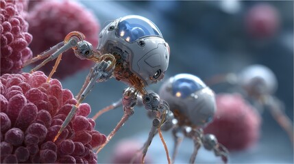 2. Close up of a nanobot administering medicine to a cancerous cell, emitting a soft blue light while performing intricate tasks inside a human body