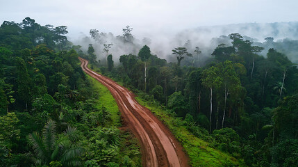 Fototapeta premium A narrow mud path in the rainforest, with fog rising up, top view