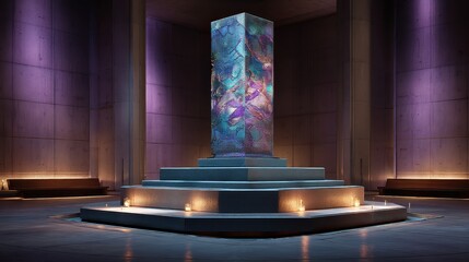 6. A stylized digital totem with abstract digital patterns, glowing against a backdrop of soft purple and blue lighting, suspended above a high tech altar in a minimalist environment