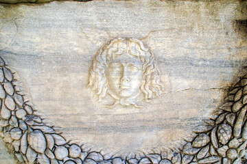 detail of the ancient stone sarcophagus