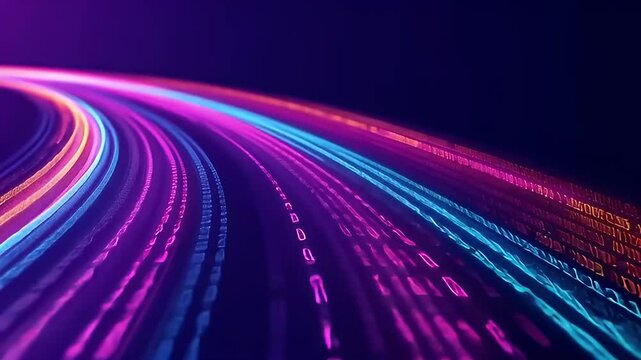 Dynamic Abstract Digital Data Stream with Binary Code in Purple Blue and Orange Colors