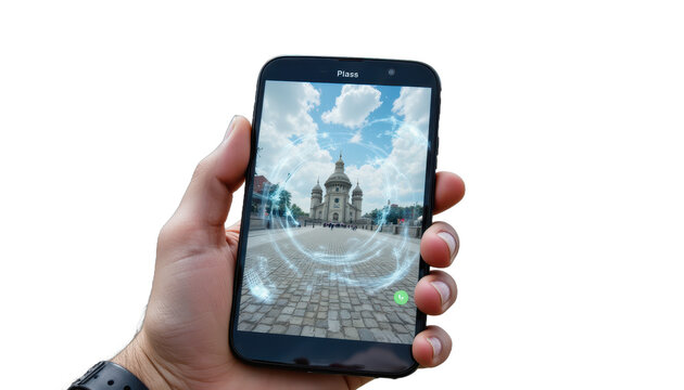 An isolated phone screen with floating augmented reality elements over a world landmark, designed for interactive travel experiences