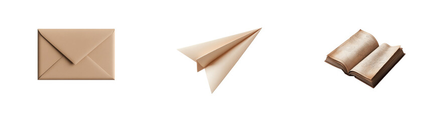 Collection of vintage paper objects including books envelope and paper airplane