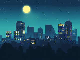 Night View Of Beautiful City With Shiny Moon Illustration
