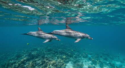 Fototapeta premium Dolphins Swimming Underwater in Ocean with Coral Reef