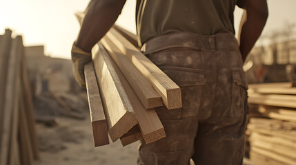 Construction Worker Carrying Wooden Planks