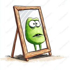Light Green Cartoon Monster Contemplating Reflection in Wooden Mirror