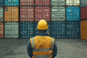 Worker Inspecting Shipping Containers in Freight Yard Environment