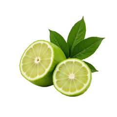 Freshly cut green lime slices with leaves, perfect for culinary or decorative use.