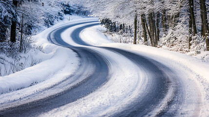 Fototapeta premium silent snowy road with barely visible tire marks