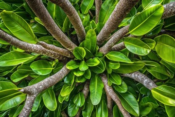 Lush foliage, dense canopy view from below