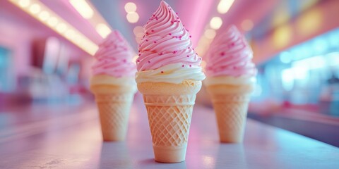 Three strawberry ice cream cones with sprinkles on a shiny countertop in a blurry pink and blue room
