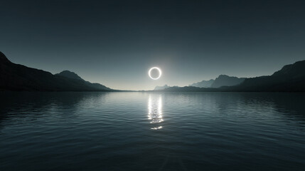 Solar eclipse over water landscape background scenic view nature photography dark sky mountain range
