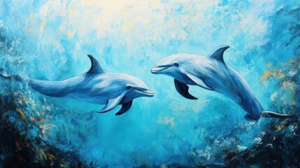 Fototapeta premium Captivating Dolphin Duo: A Symphony of Aquatic Elegance and Marine Beauty