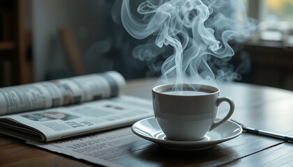 A hot cup of coffee releases swirling steam as it rests beside a newspaper, capturing a quiet moment of calm and contemplation.