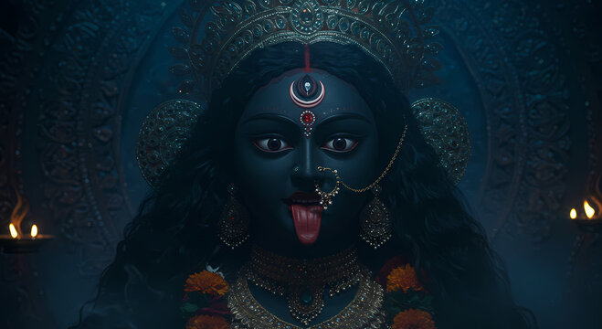 Close-up of a majestic Hindu goddess Kali, embodying power and devotion.