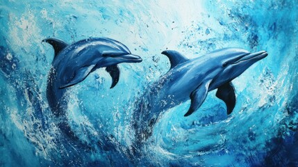 Obraz premium Vibrant dolphin duo leaping through textured azure waters artwork