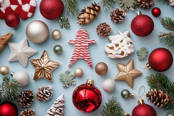 Flatlay Christmas Ornament Composition Red and Gold Baubles, Gingerbread, Pine Cones, Pastel Blue Background, Festive Decor, Holiday Season. Christmas, Decorations