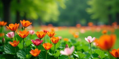 Fototapeta premium Vibrant flowers in full bloom on lush green plants in a park, flowers, colorful, fresh