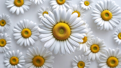 Obraz premium Beautiful Daisy Flowers With Yellow Centers On A White Background Floral Design