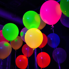 Colorful glow in a dark party balloons in a retro themed party. 