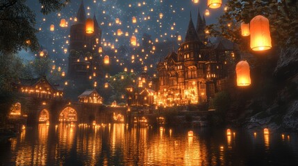 Obraz premium Dreamlike Night Scene With Lanterns Floating Above A Mystic Village Beside A Tranquil River Under A Starry Sky