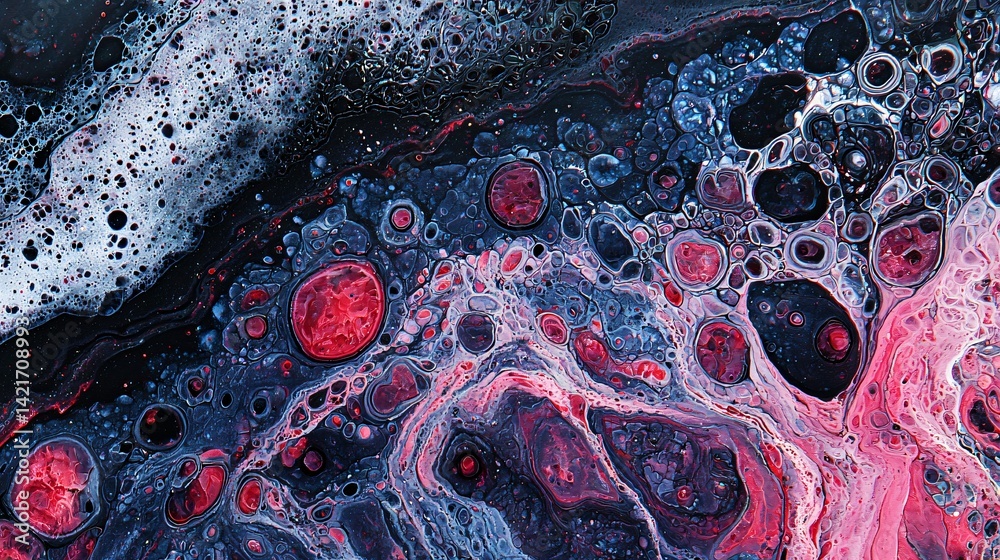 Poster captivating abstract art featuring black and red liquid swirls with a randomized depth and twilight 