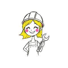 Cartoon Female Engineer Holding Wrench Wearing Hard Hat and Overalls