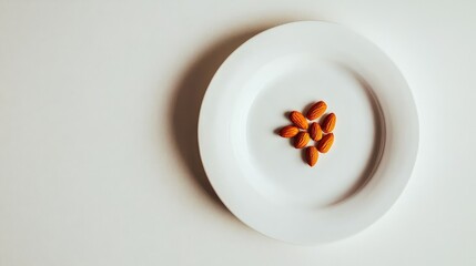 A handful of chocolate-covered almonds placed on a clean white plate with plenty of space surrounding them for marketing or design