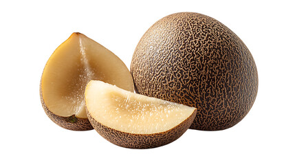 A whole sapodilla with its brown, rough skin, placed next to a sliced piece showing the sweet, grainy interior, on a pure white background