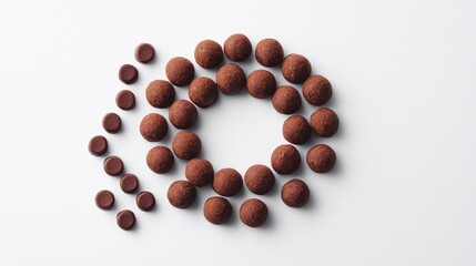 A neat pile of chocolate truffles arranged in a circle on a clean white background with open space to the left for product branding