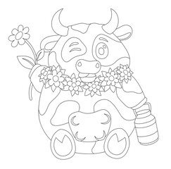 Coloring book art with cute cow with flowers