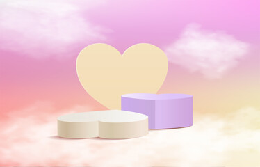 3d rendering, heart stage for product display present, blue sky background.