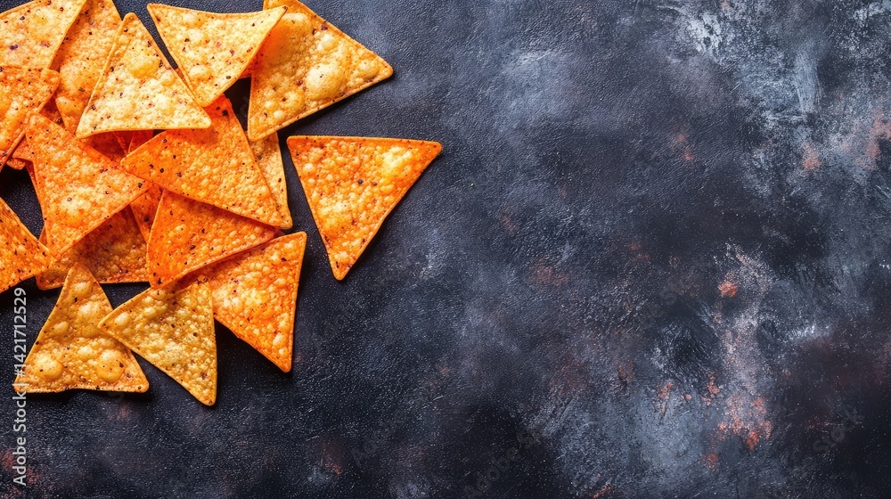 Poster a top-down view of tomato-flavored chips piled on a dark surface with ample space surrounding them f