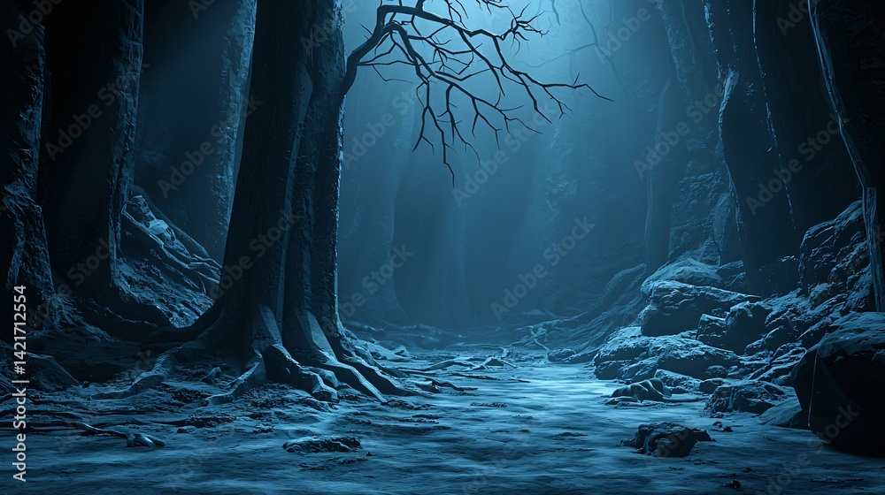 Poster enchanting dark forest scene with light filtering through trees captured in abstract art style featu