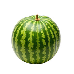 A fresh, ripe watermelon with vibrant green stripes and a small stem on top.