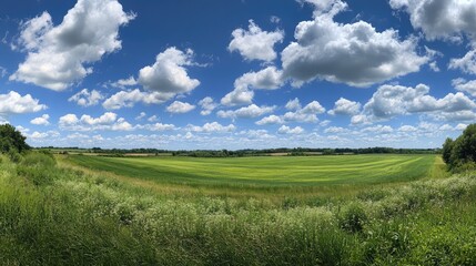Obraz premium A vibrant blue sky with fluffy clouds over a field of bright green grass, evoking happiness and freedom, with plenty of space for promotional text