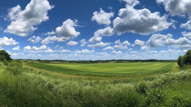 A vibrant blue sky with fluffy clouds over a field of bright green grass, evoking happiness and freedom, with plenty of space for promotional text