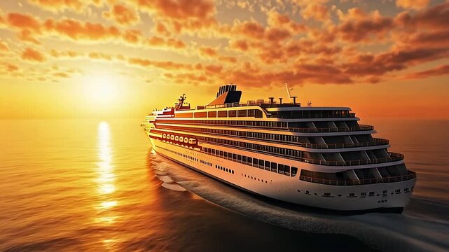 Luxury Cruise Ship Sailing Across The Calm Ocean Waters During The Golden Hour Sunset With Orange Hues and Reflective Sunlight