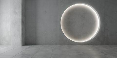 Abstract empty, modern concrete room wall with circular lit recess and tiled, shiny floor - industrial interior background template