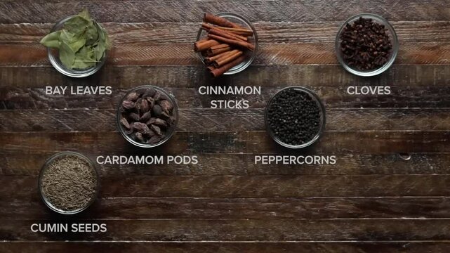 Indian spices - Famous Indian spices - Curry spices - Bay leaves, cinnamon sticks, cloves, cardamom pods, peppercorns, cumin seeds, coriander seeds, nutmeg
