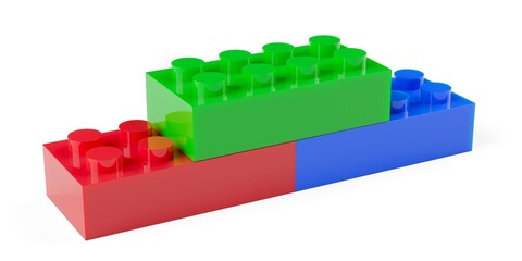 Three red, green and blue colored plastic toy bricks or blocks stacked together over white background