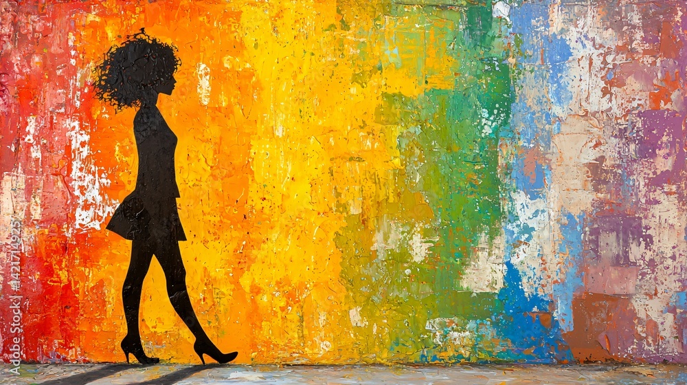 Wall mural a woman walking gracefully in front of a brightly colored wall illuminated from behind creating a st
