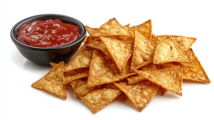 Flat lay of crunchy tortilla chips and dipping sauce on one side with clean blank background