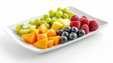 Fresh-cut fruit platter on a ceramic plate placed on the lower third of the frame with blank space