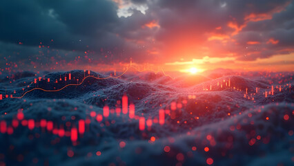 American Economic Intelligence: Virtual Analytics Overlaid on Stars and Stripes Against Twilight Sky